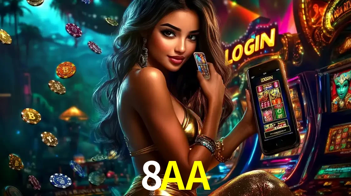 Mulher em um cenário de cassino temático de aventura, mostrando o app de caça-níqueis da 8AA no celular. Fichas de apostas flutuam ao redor.