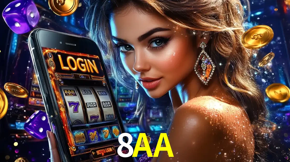Mulher glamorosa segurando um smartphone com a tela de login para os jogos de caça-níqueis do cassino online 8AA, com moedas de ouro e dados ao redor.