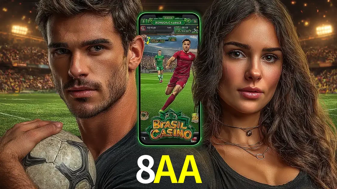 Homem segurando uma bola de futebol e uma mulher ao lado de um smartphone exibindo o jogo de apostas esportivas da 8AA. Faça seu palpite no cassino online.